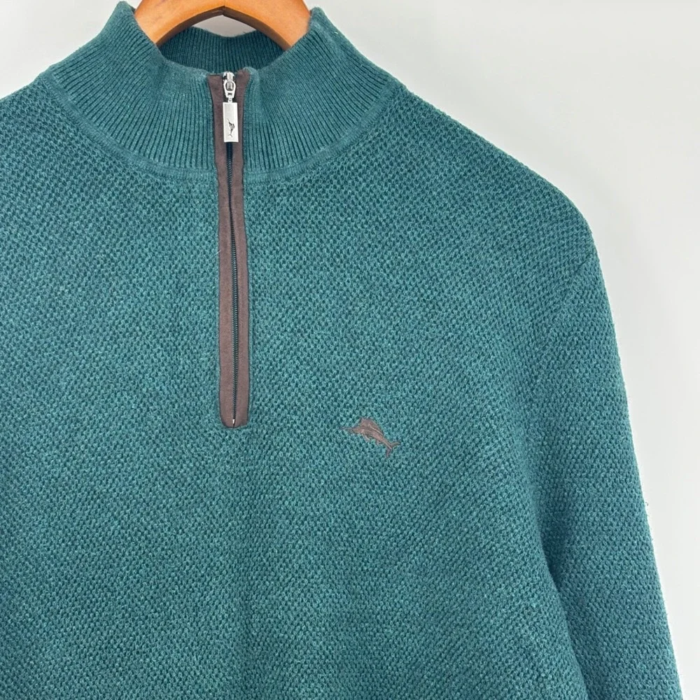 Tommy Bahama Mens Teal Green Cotton Silk Cashmere Quarter Zip Sweater Small